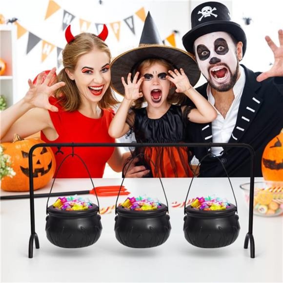 Halloween Candy Bowls, 3 Pcs Witches Cauldron Serving Bowl with Iron Rack, Black - Picture 4 of 7